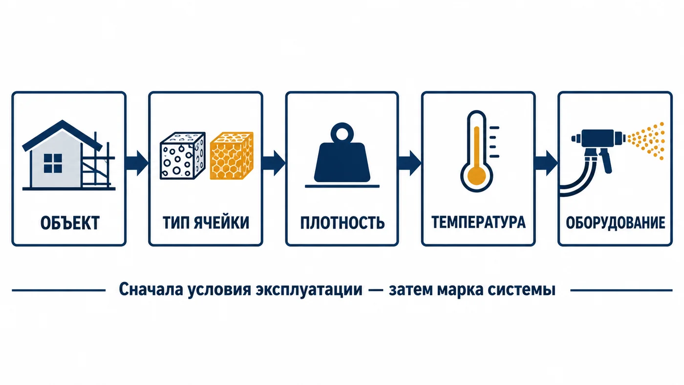 Алгоритм выбора системы компонентов ППУ по объекту, типу ячейки, плотности, температуре и оборудованию
